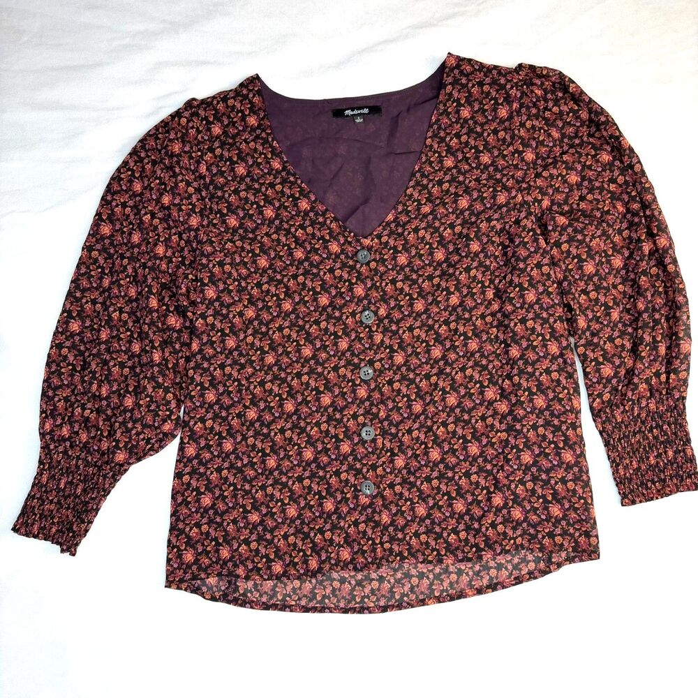 Madewell Floral Boho Button Front Peasant Blouse Purple V Neck Size 2/ XS